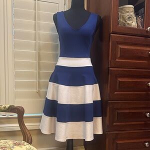 Felicity & Coco Blue and White Striped V-neck Midi Dress, Size XS
